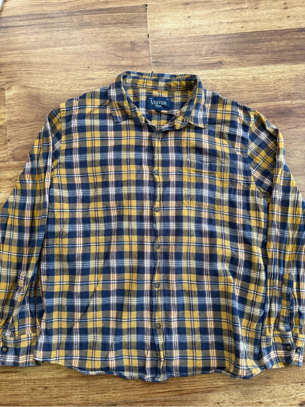 Visitor Men’s Yellow & Navy Plaid Casual Button-Down Shirt